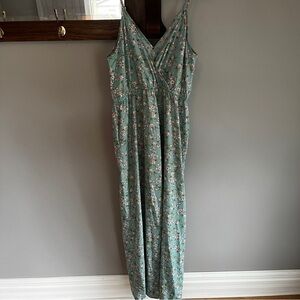 BOG COLLECTIVE Floral Blue Jumpsuit Romper with pockets cropped wide legs size L